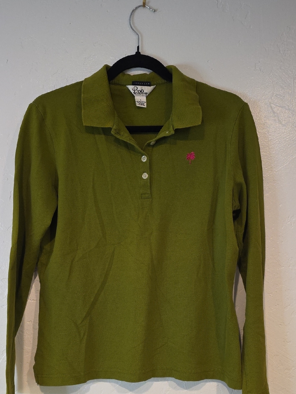 Lilly Pulitzer Olive Green Long Sleeve Polo with Pink Palm Logo